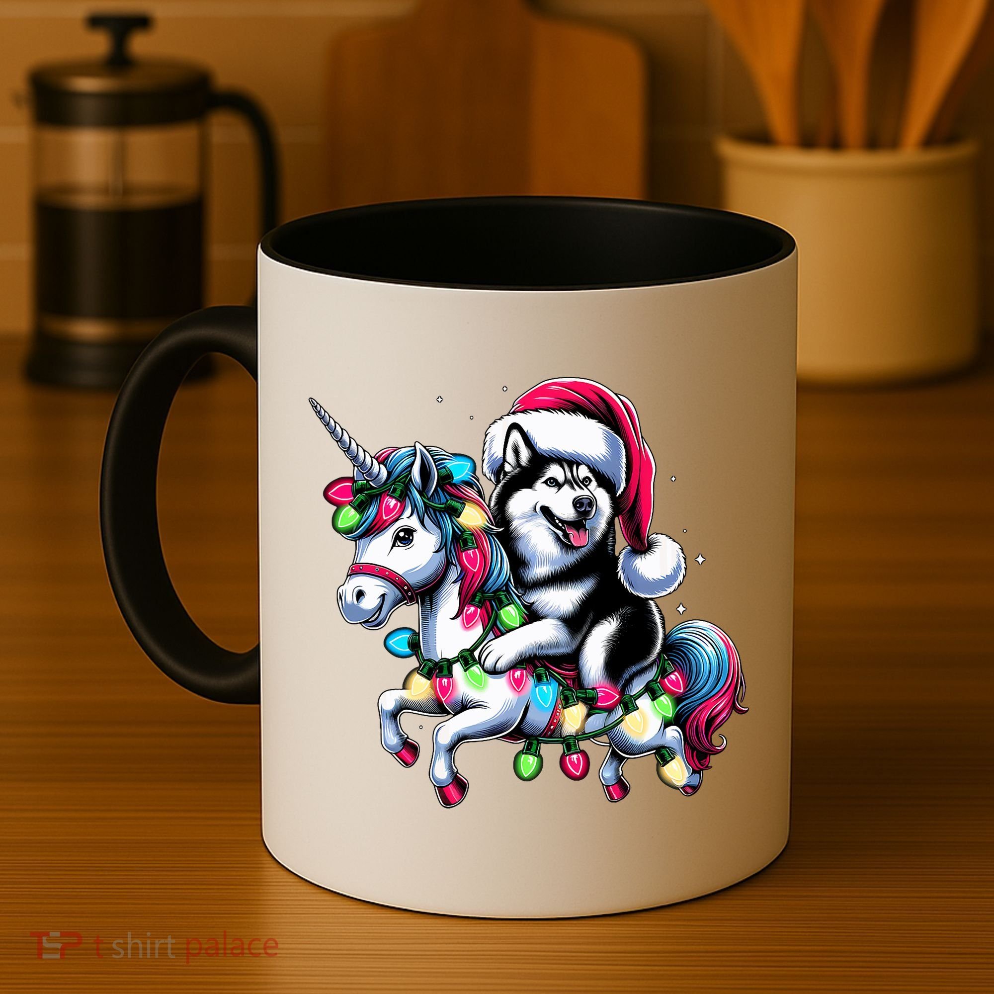 Christmas Lights Siberian Husky Dog Riding Unicorn Coffee Mug