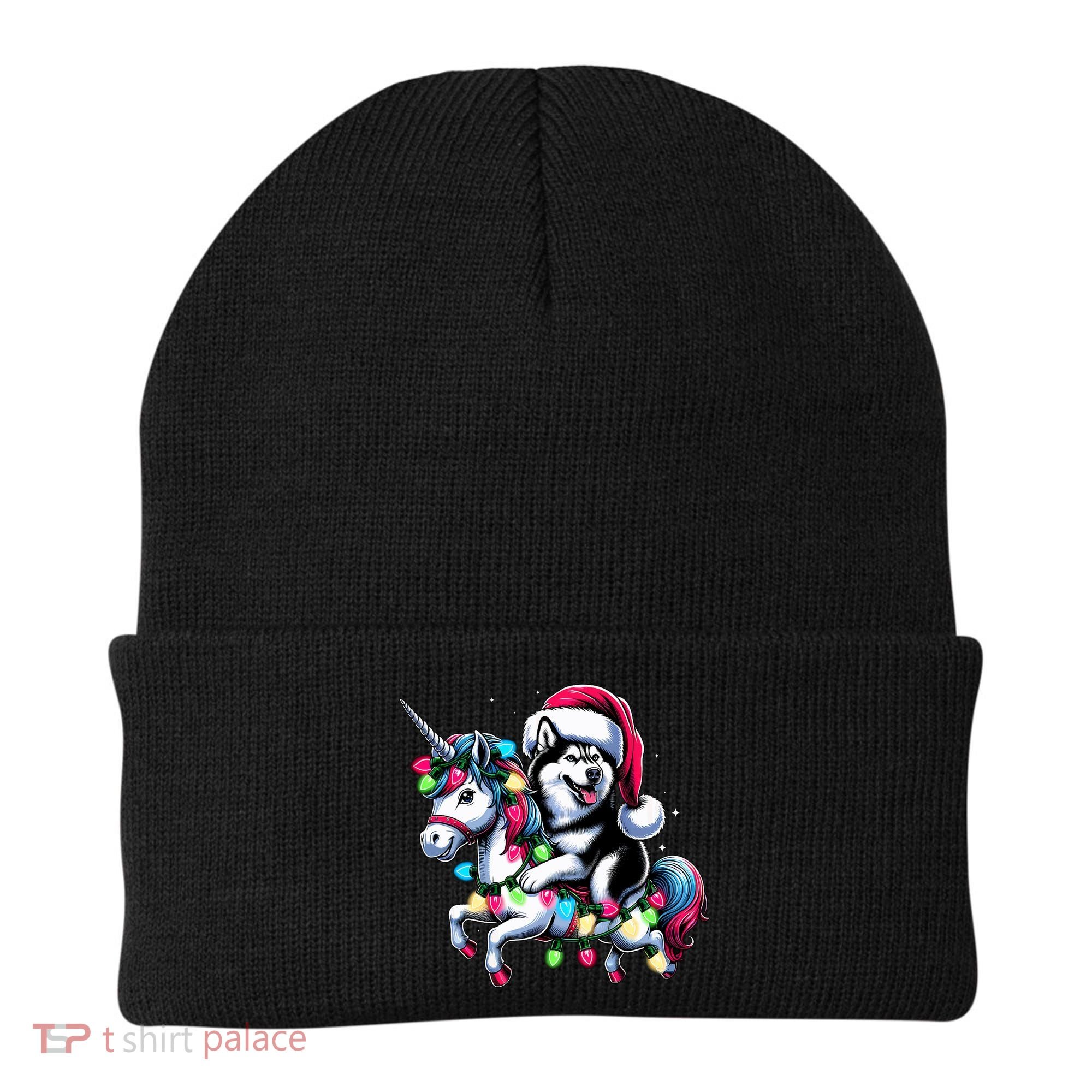 Christmas Lights Siberian Husky Dog Riding Unicorn Beanie