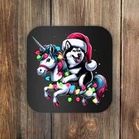 Christmas Lights Siberian Husky Dog Riding Unicorn Coaster thumb 0