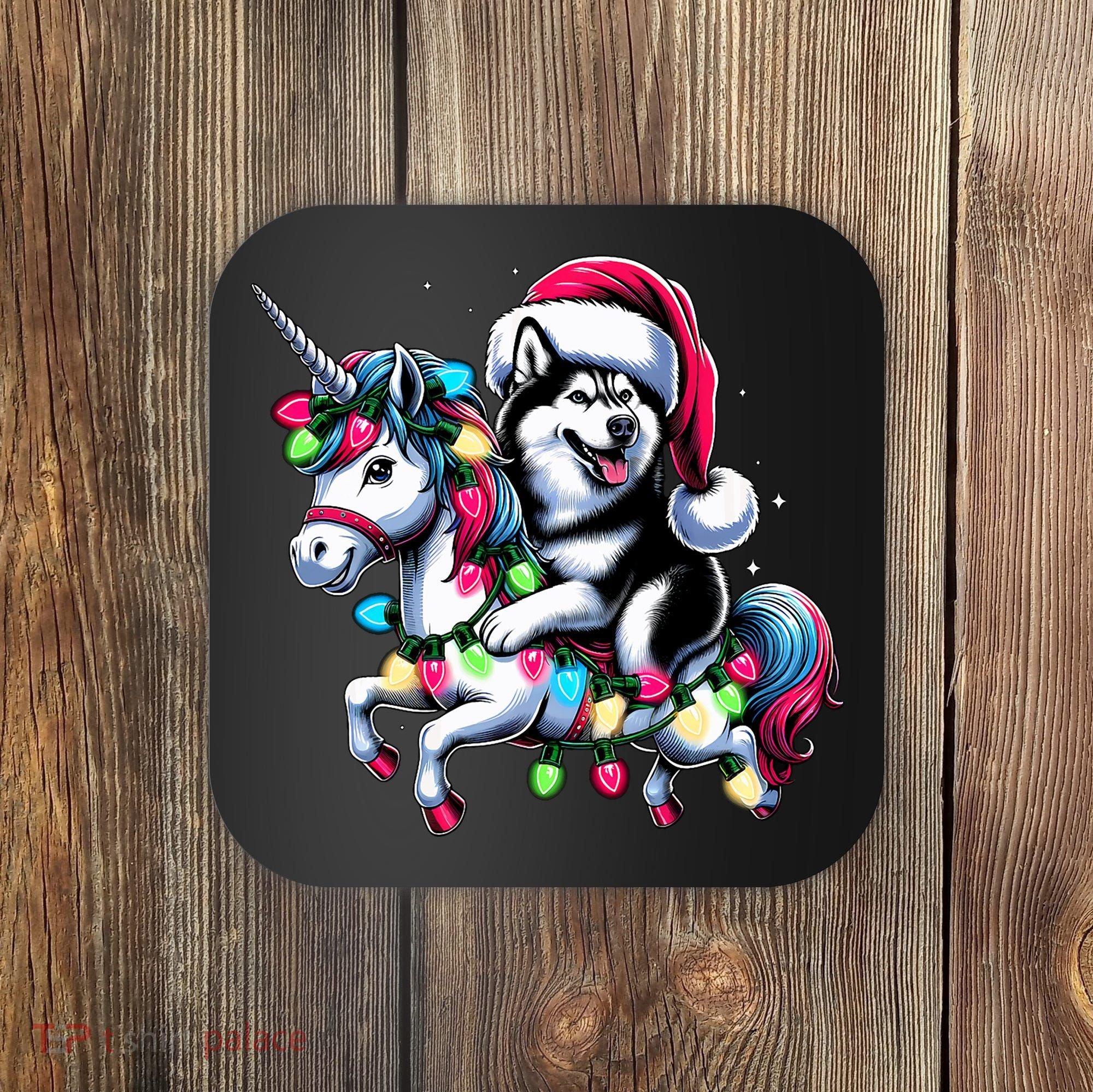 Christmas Lights Siberian Husky Dog Riding Unicorn Coaster