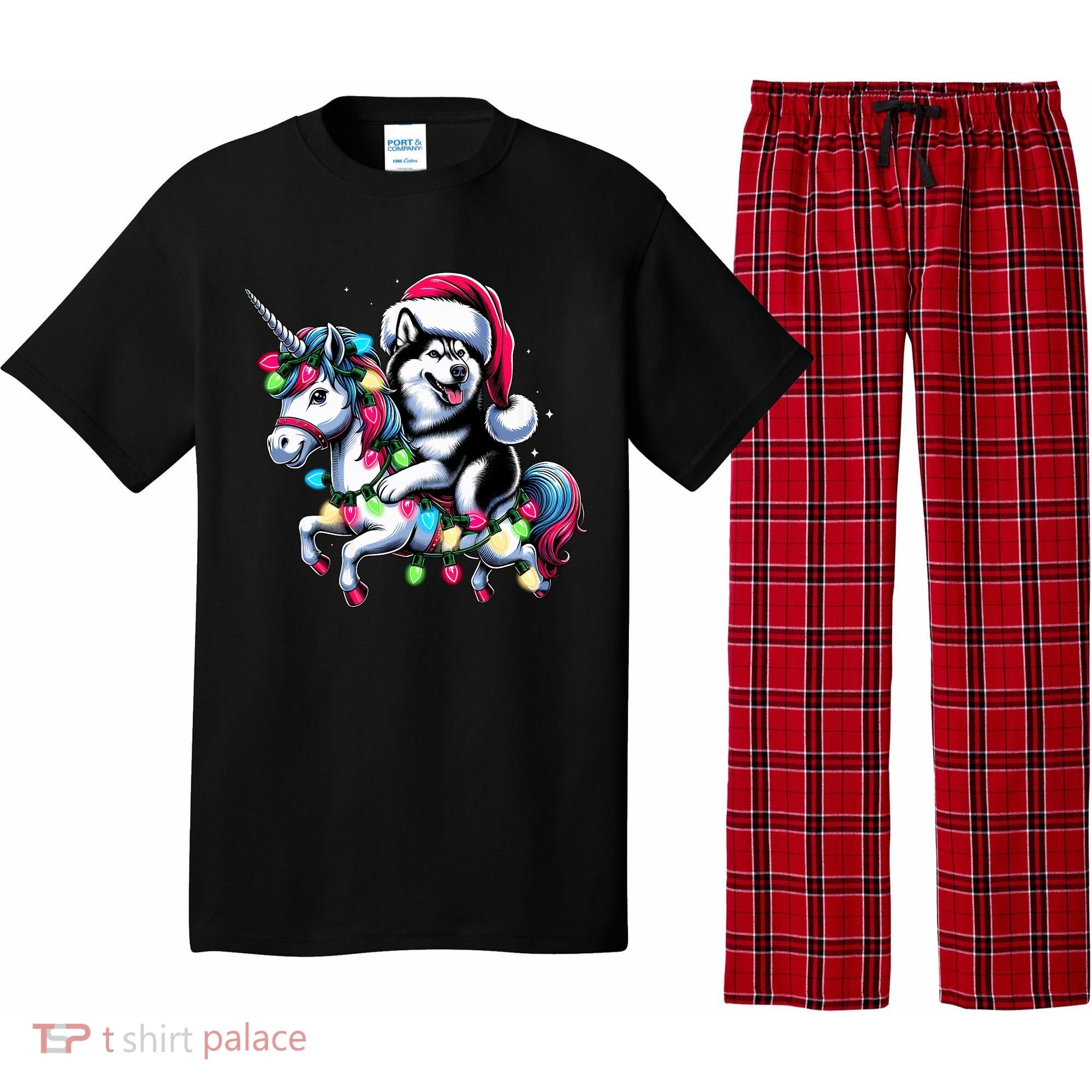 Christmas Lights Siberian Husky Dog Riding Unicorn Pajama Set