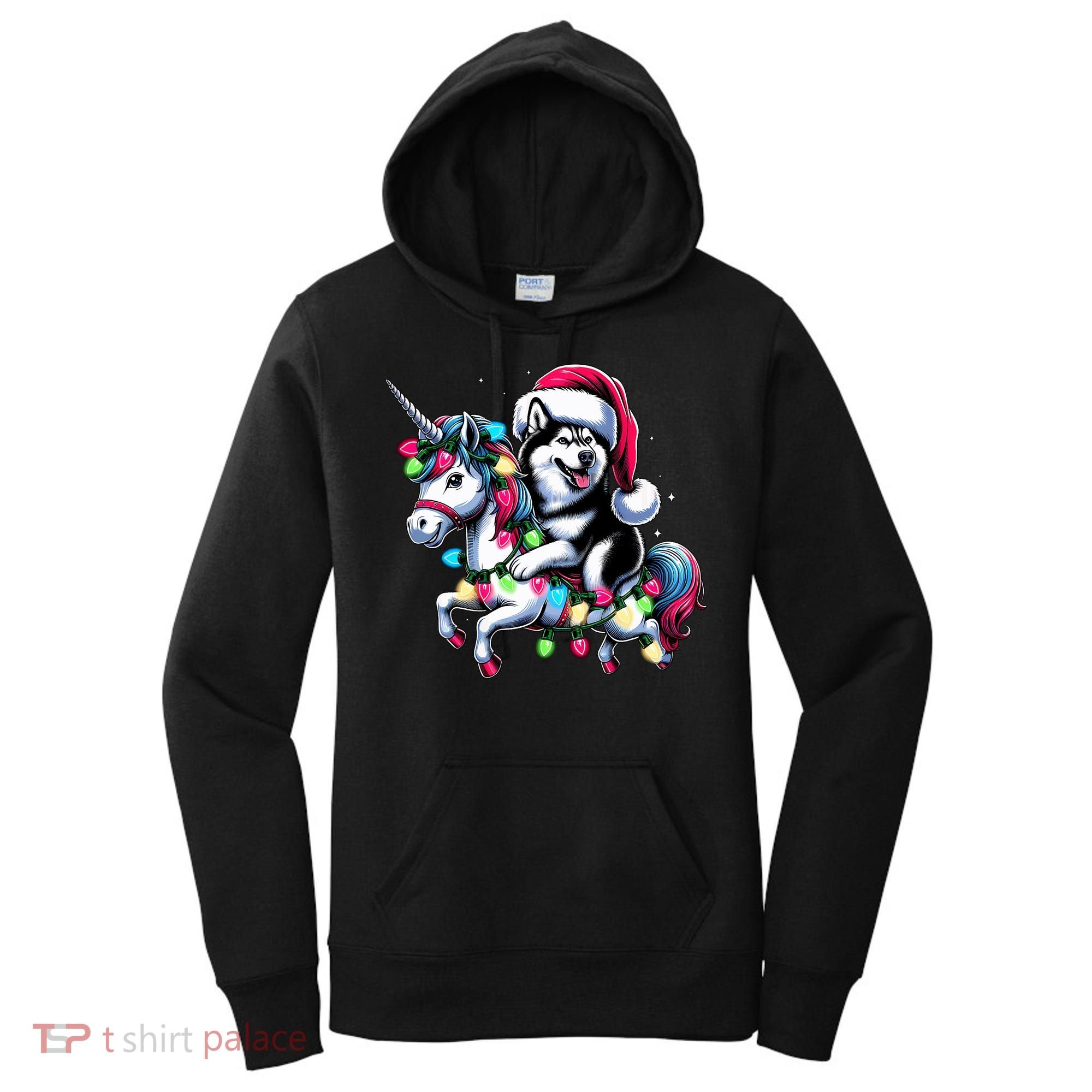 Christmas Lights Siberian Husky Dog Riding Unicorn Women's Hoodie