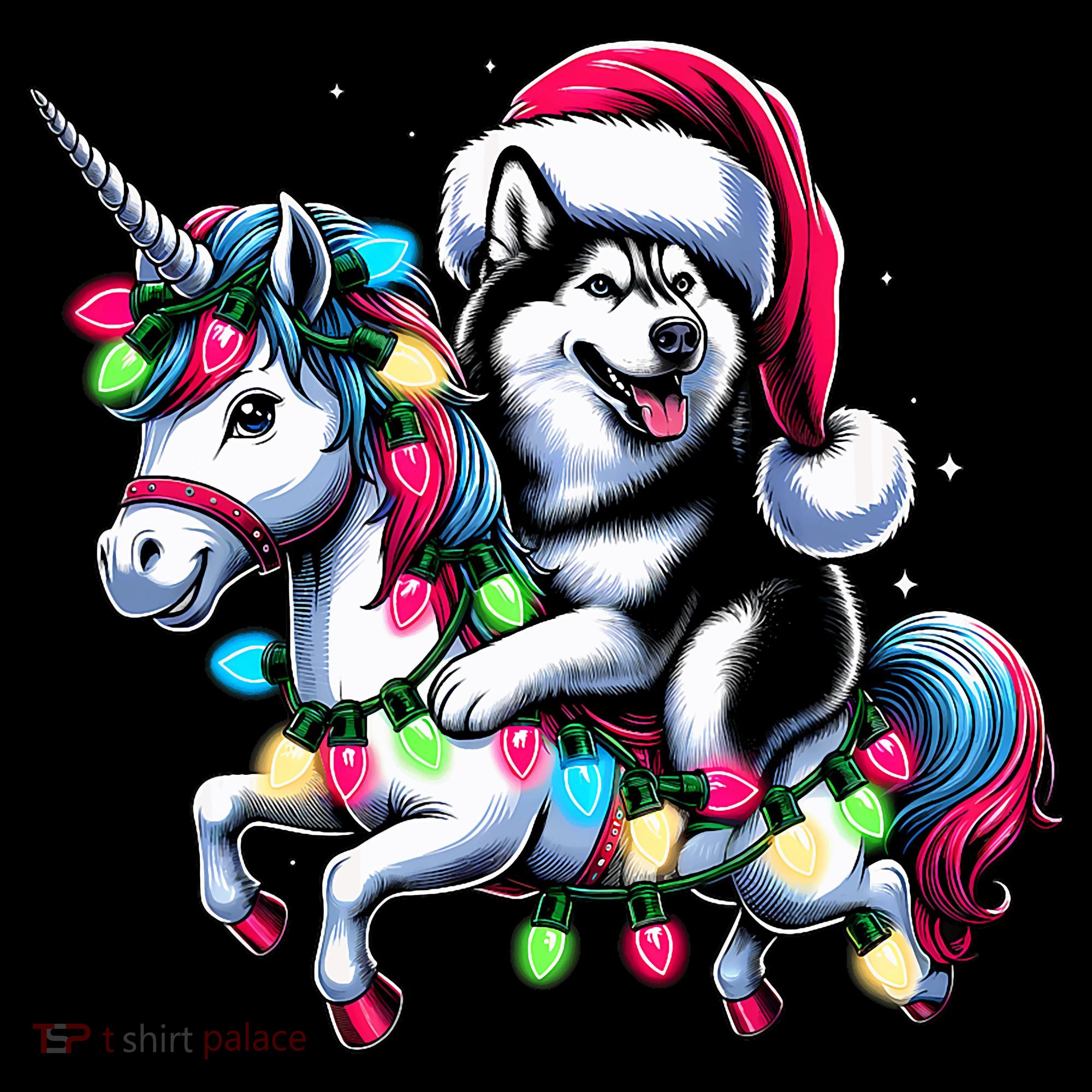 Christmas Lights Siberian Husky Dog Riding Unicorn Women's Hoodie