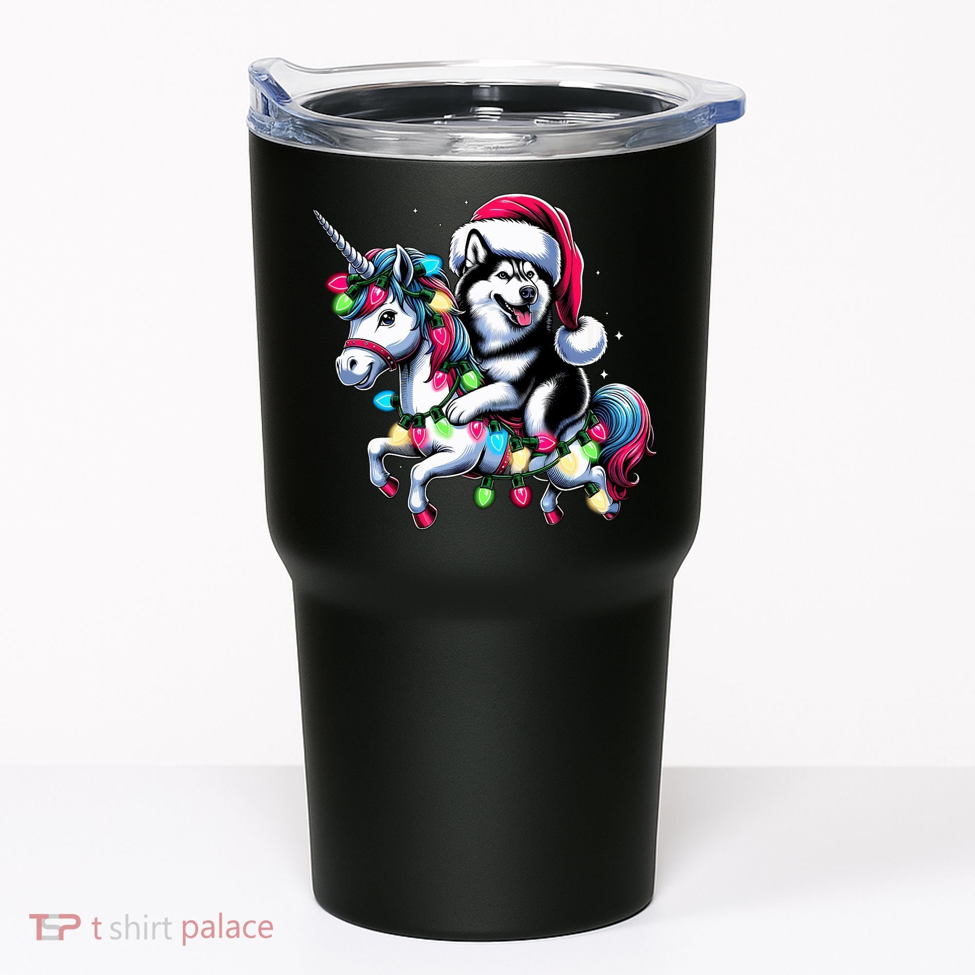 Christmas Lights Siberian Husky Dog Riding Unicorn Tumbler