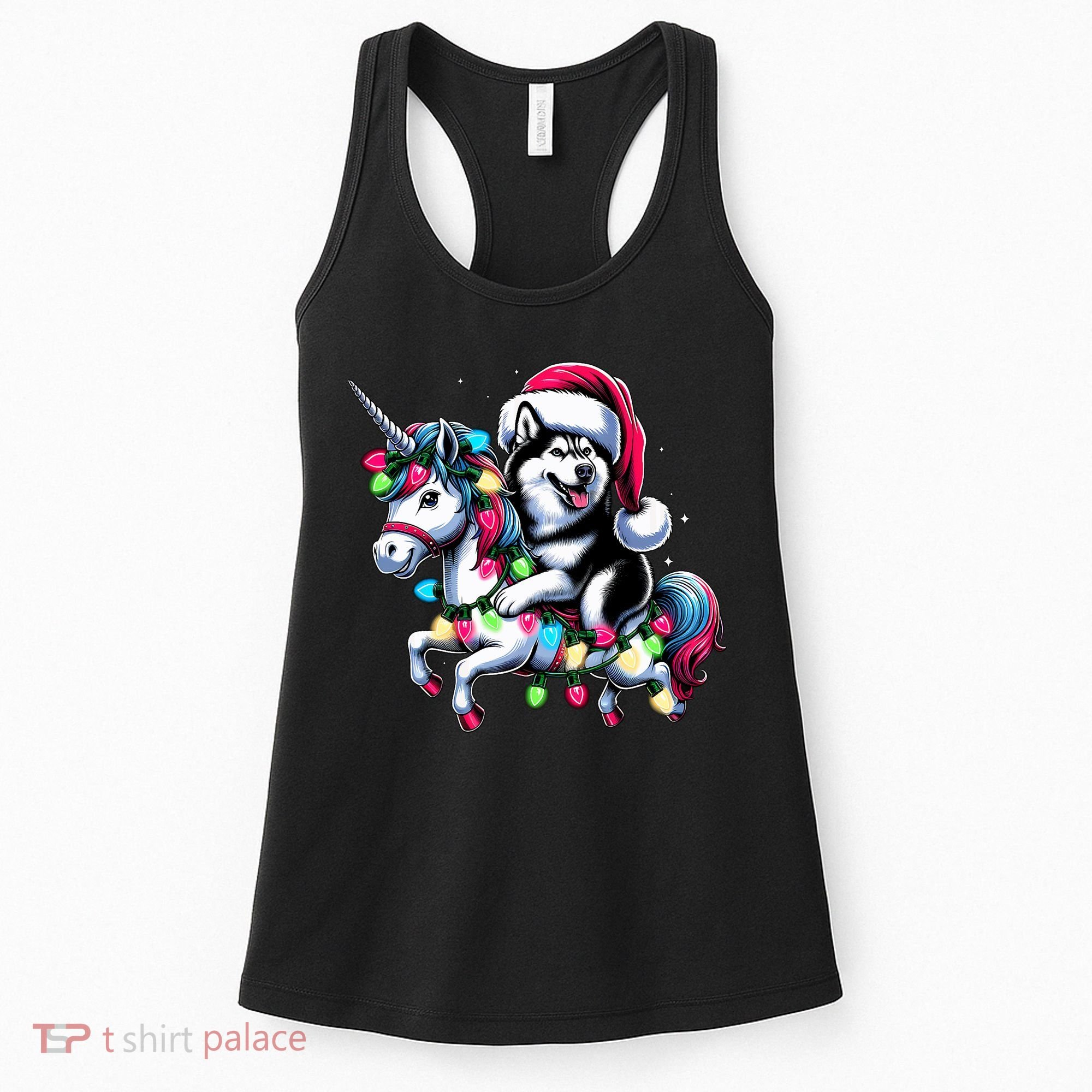 Christmas Lights Siberian Husky Dog Riding Unicorn Women's Tank Top