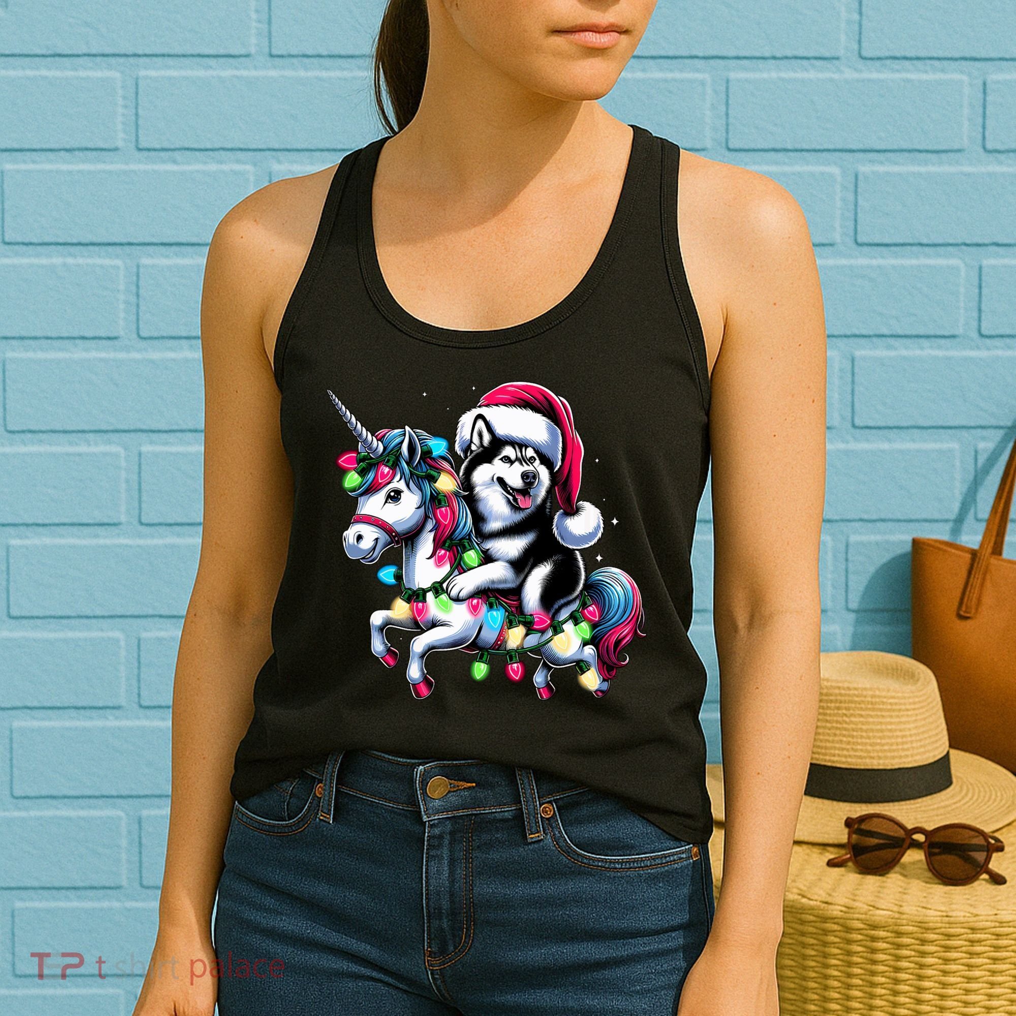 Christmas Lights Siberian Husky Dog Riding Unicorn Women's Tank Top