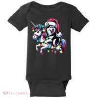 Christmas Lights Siberian Husky Dog Riding Unicorn Baby Bodysuit thumb 0