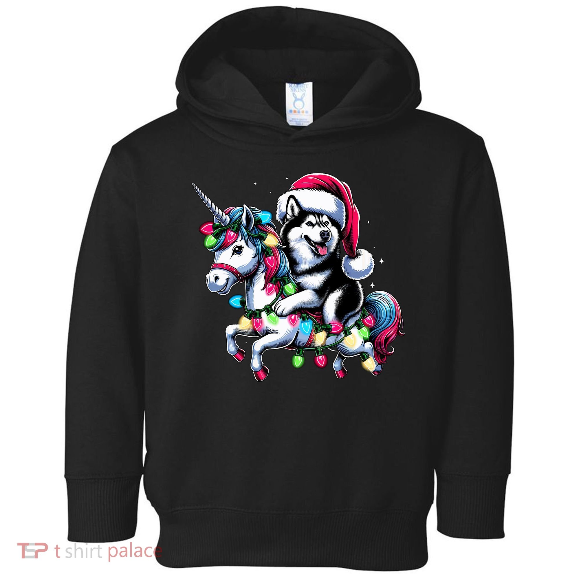 Christmas Lights Siberian Husky Dog Riding Unicorn Toddler Hoodie