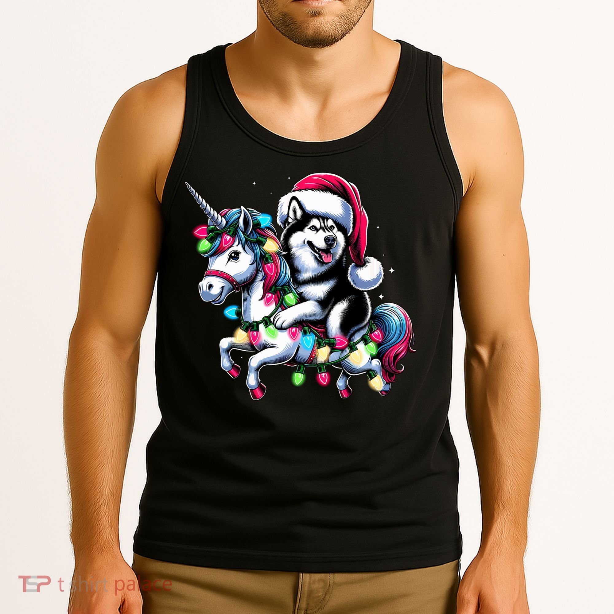 Christmas Lights Siberian Husky Dog Riding Unicorn Tank Top