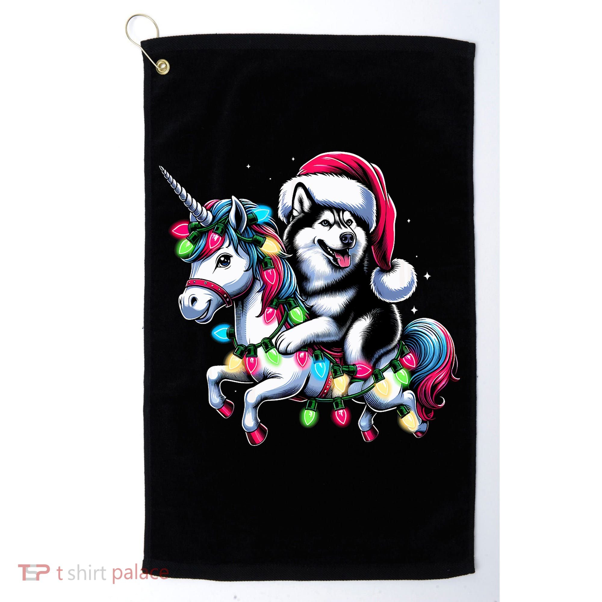 Christmas Lights Siberian Husky Dog Riding Unicorn Golf Towel