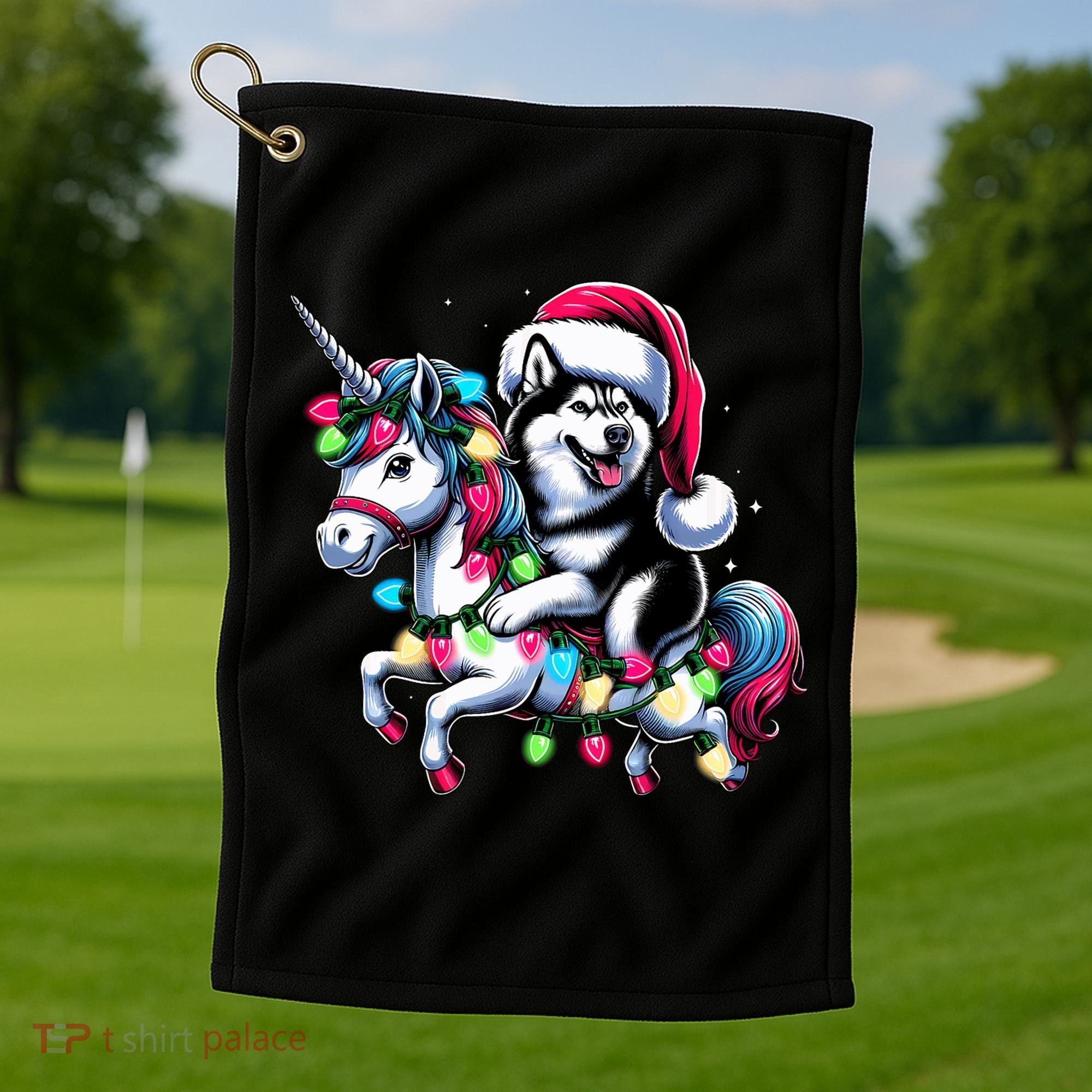 Christmas Lights Siberian Husky Dog Riding Unicorn Golf Towel
