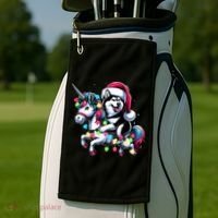 Christmas Lights Siberian Husky Dog Riding Unicorn Golf Towel thumb 2