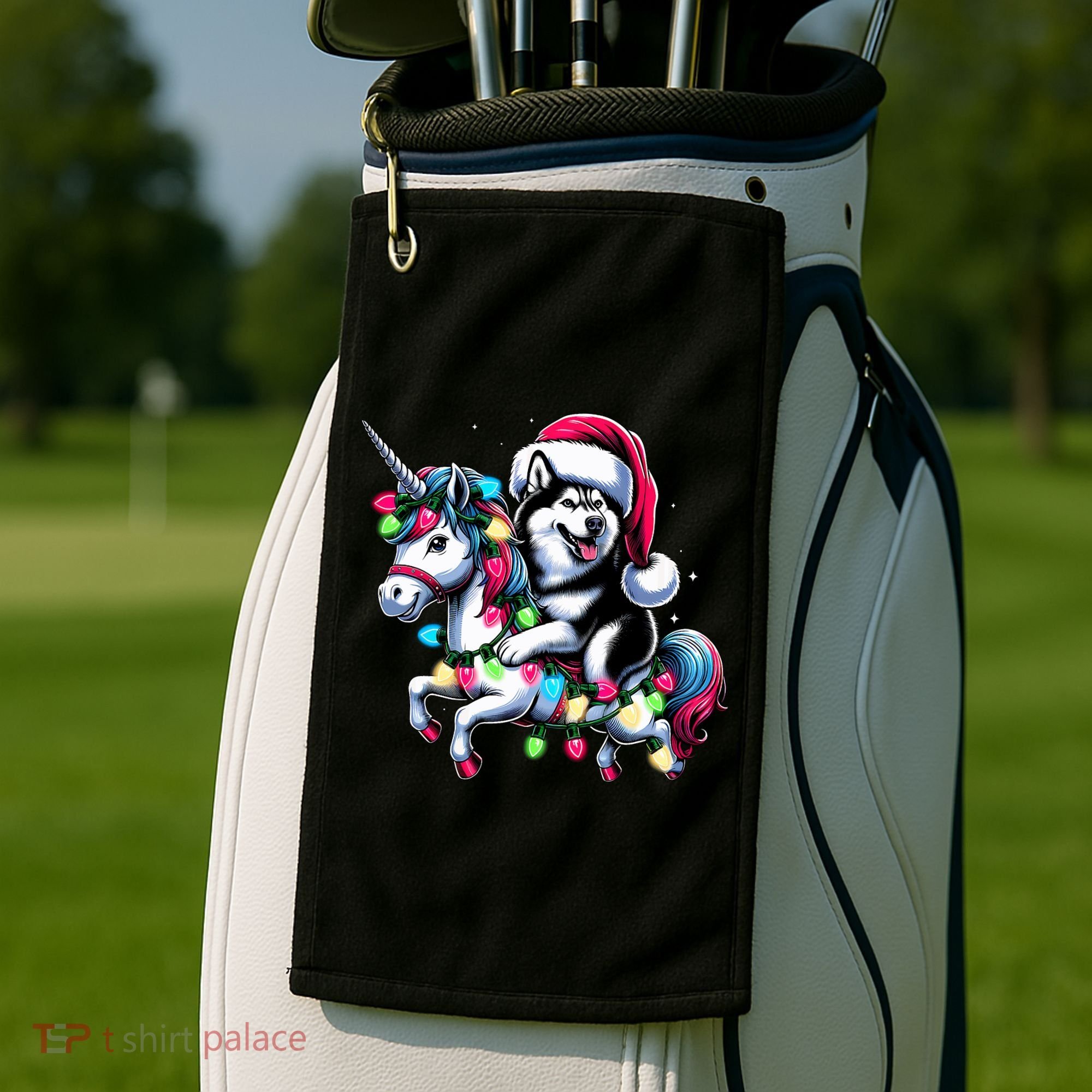 Christmas Lights Siberian Husky Dog Riding Unicorn Golf Towel