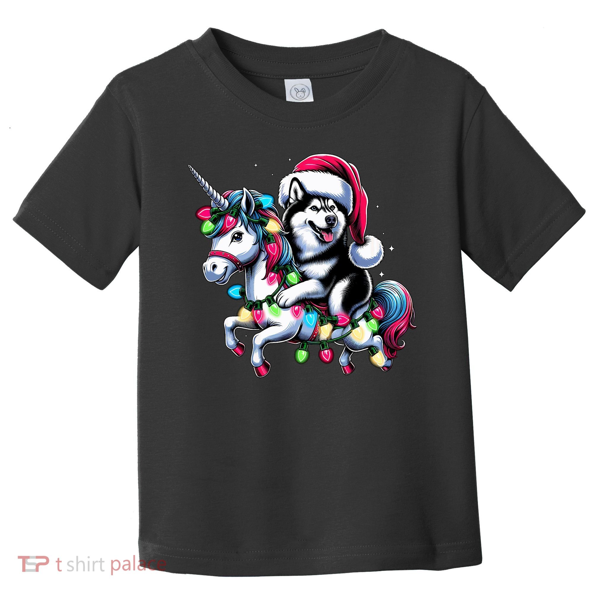 Christmas Lights Siberian Husky Dog Riding Unicorn Toddler T-Shirt