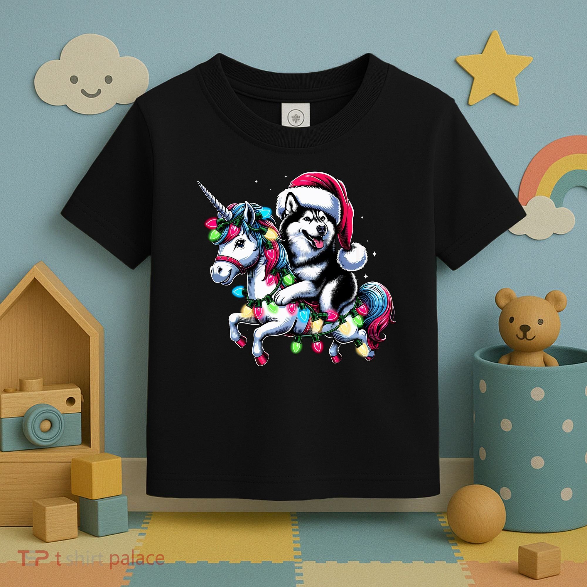 Christmas Lights Siberian Husky Dog Riding Unicorn Toddler T-Shirt