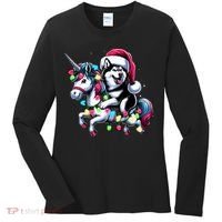 Christmas Lights Siberian Husky Dog Riding Unicorn Women's Long Sleeve Shirt thumb 0