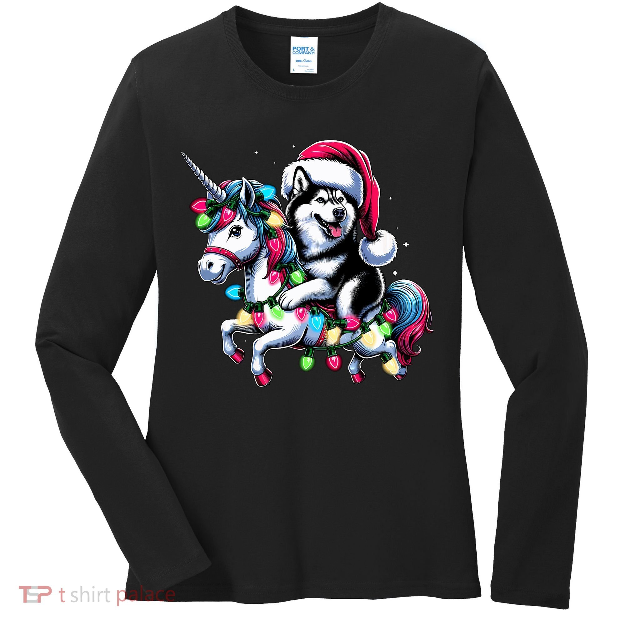 Christmas Lights Siberian Husky Dog Riding Unicorn Women's Long Sleeve Shirt