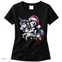 Christmas Lights Siberian Husky Dog Riding Unicorn Women's T-Shirt thumb 0