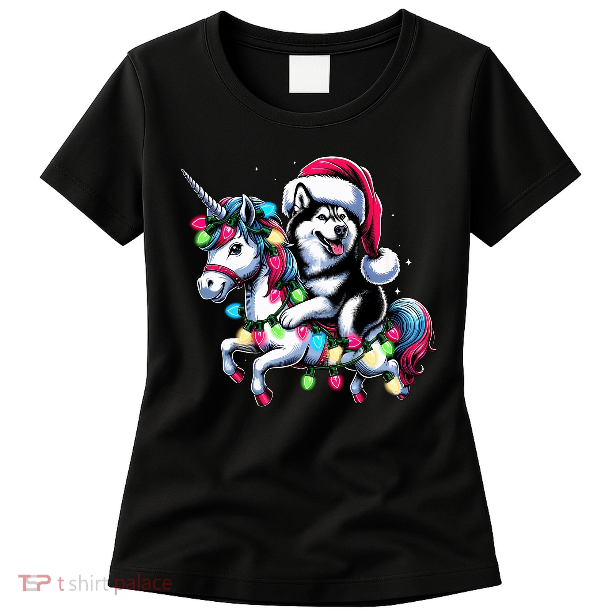 Christmas Lights Siberian Husky Dog Riding Unicorn Women's T-Shirt