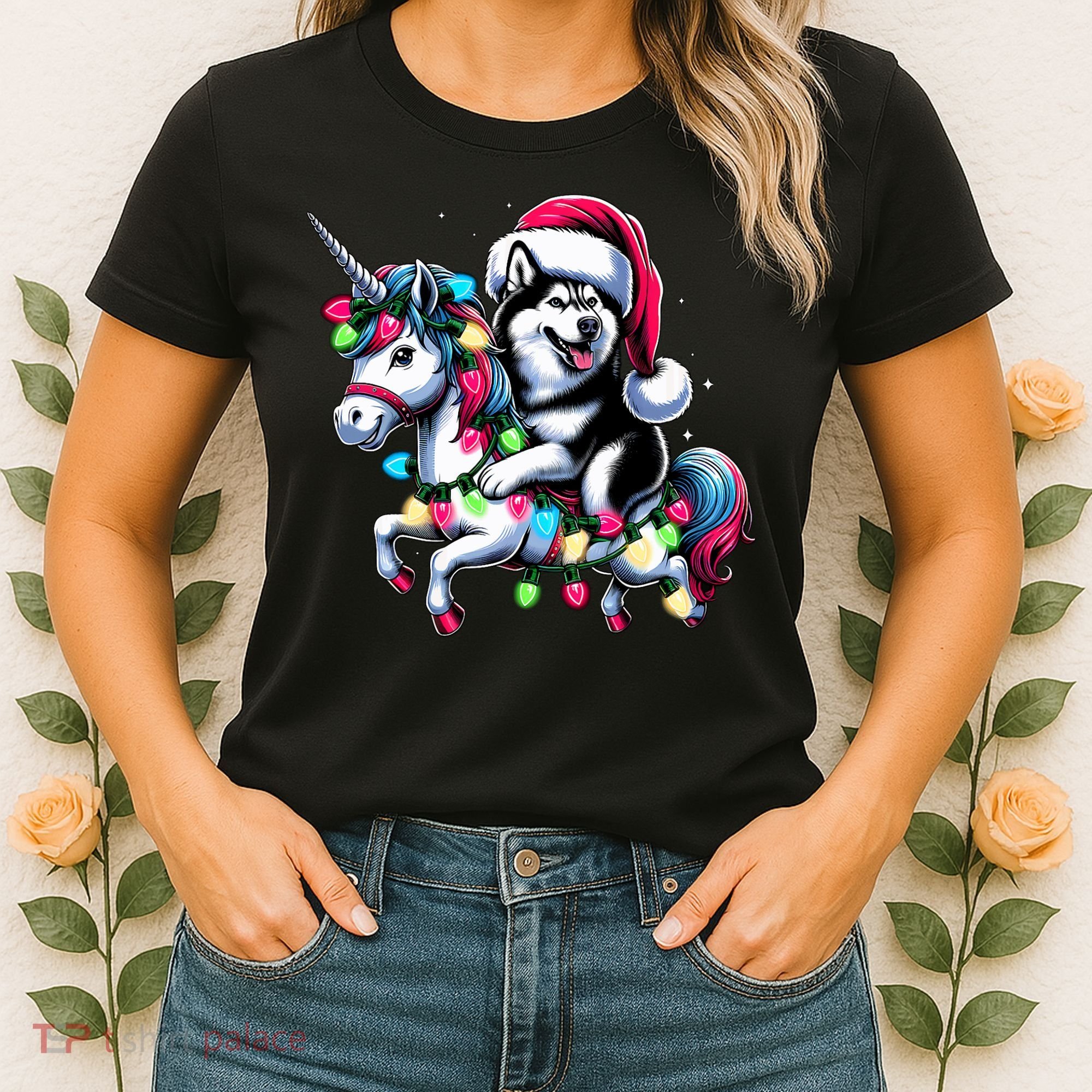 Christmas Lights Siberian Husky Dog Riding Unicorn Women's T-Shirt