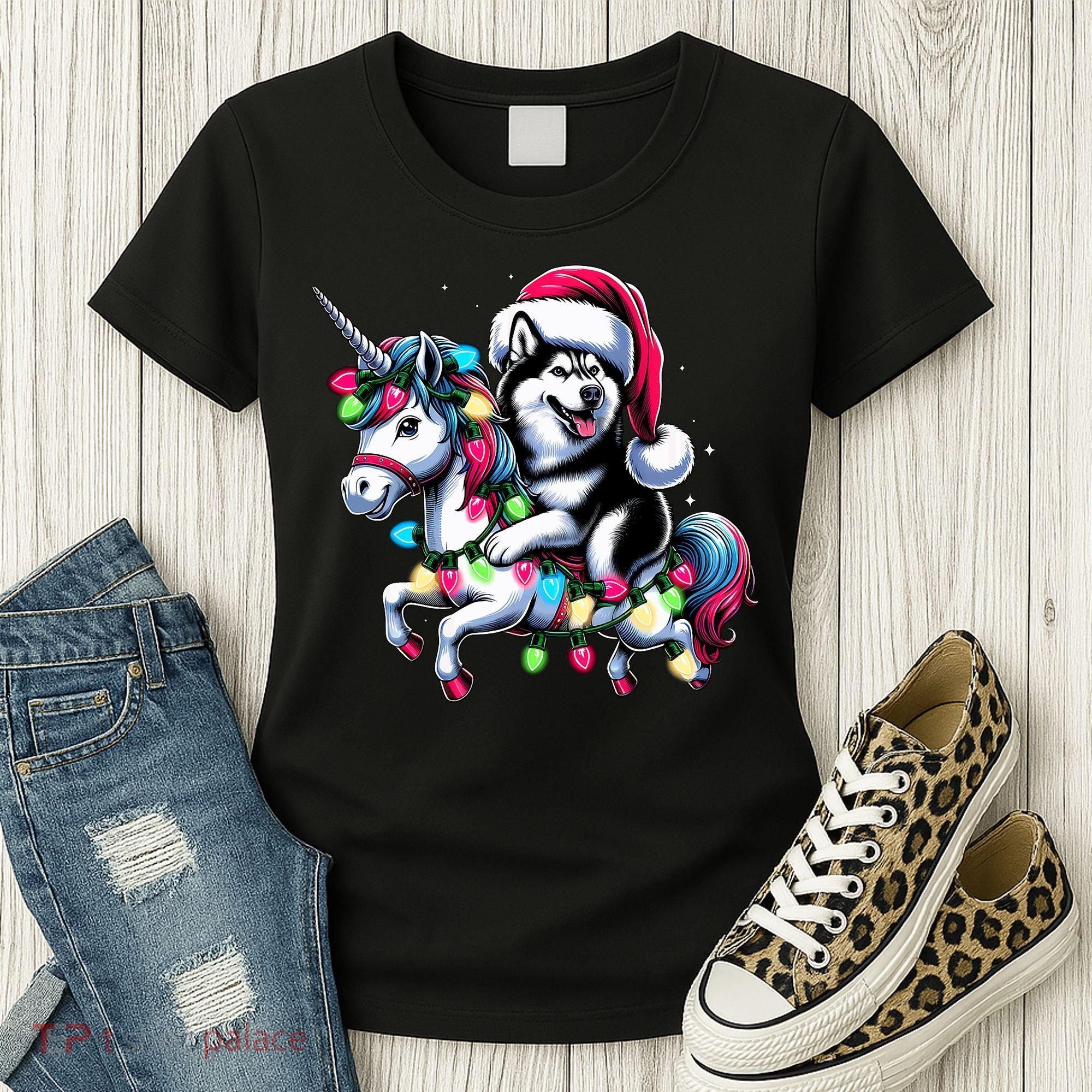 Christmas Lights Siberian Husky Dog Riding Unicorn Women's T-Shirt