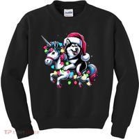 Christmas Lights Siberian Husky Dog Riding Unicorn Kids Sweatshirt thumb 0