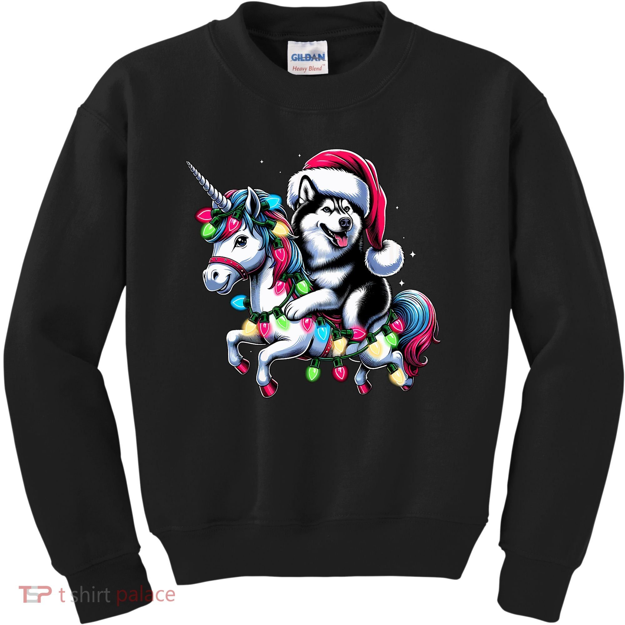 Christmas Lights Siberian Husky Dog Riding Unicorn Kids Sweatshirt