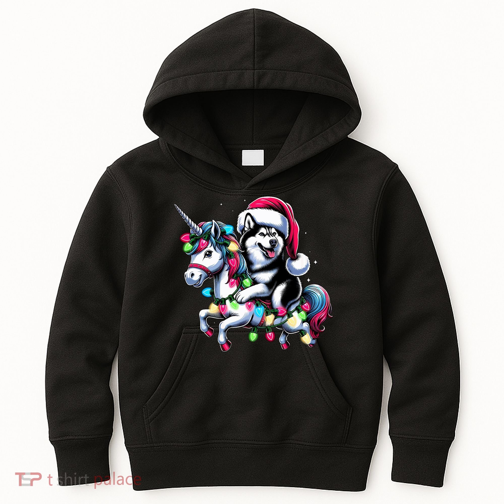 Christmas Lights Siberian Husky Dog Riding Unicorn Kids Hoodie