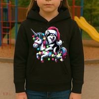 Christmas Lights Siberian Husky Dog Riding Unicorn Kids Hoodie thumb 3