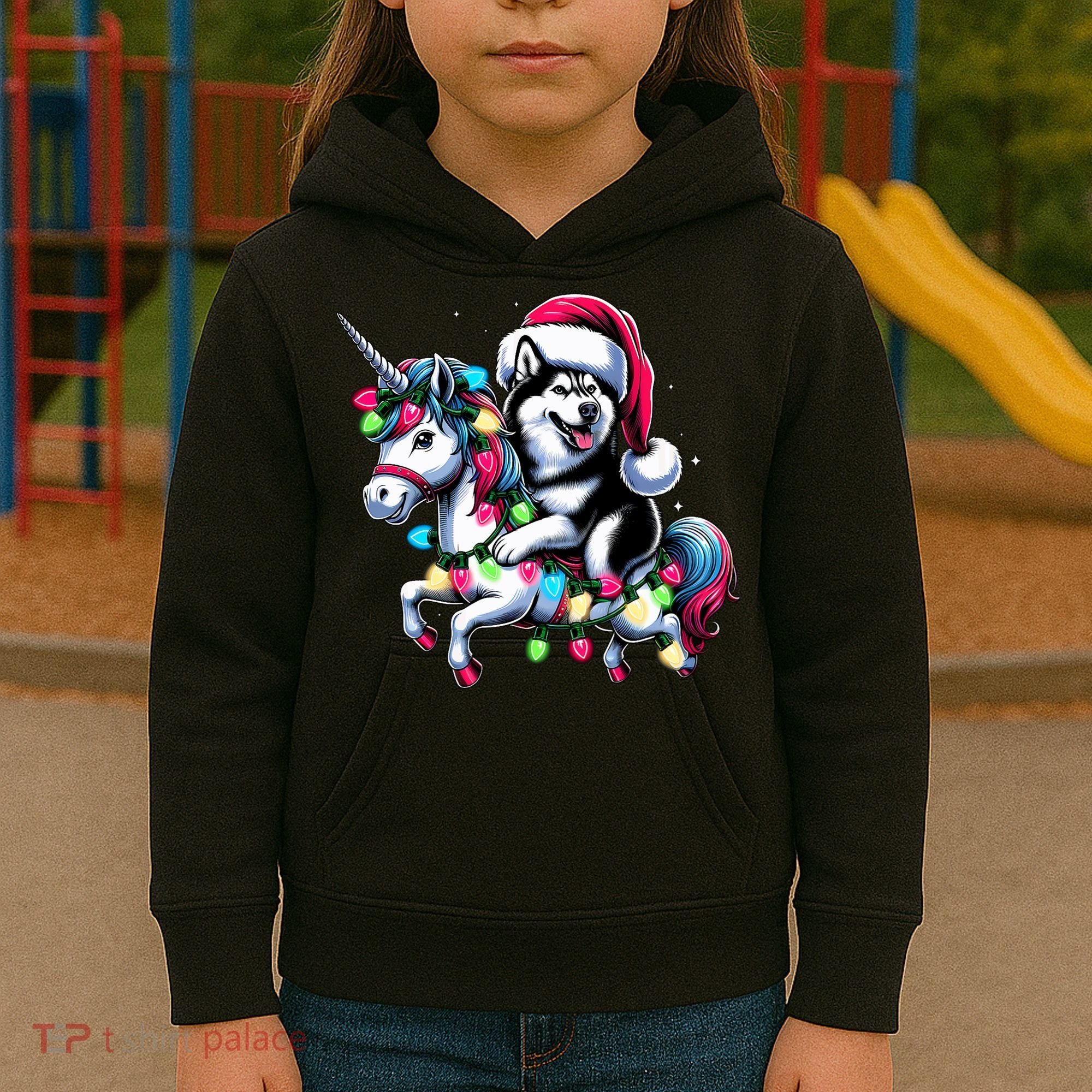 Christmas Lights Siberian Husky Dog Riding Unicorn Kids Hoodie