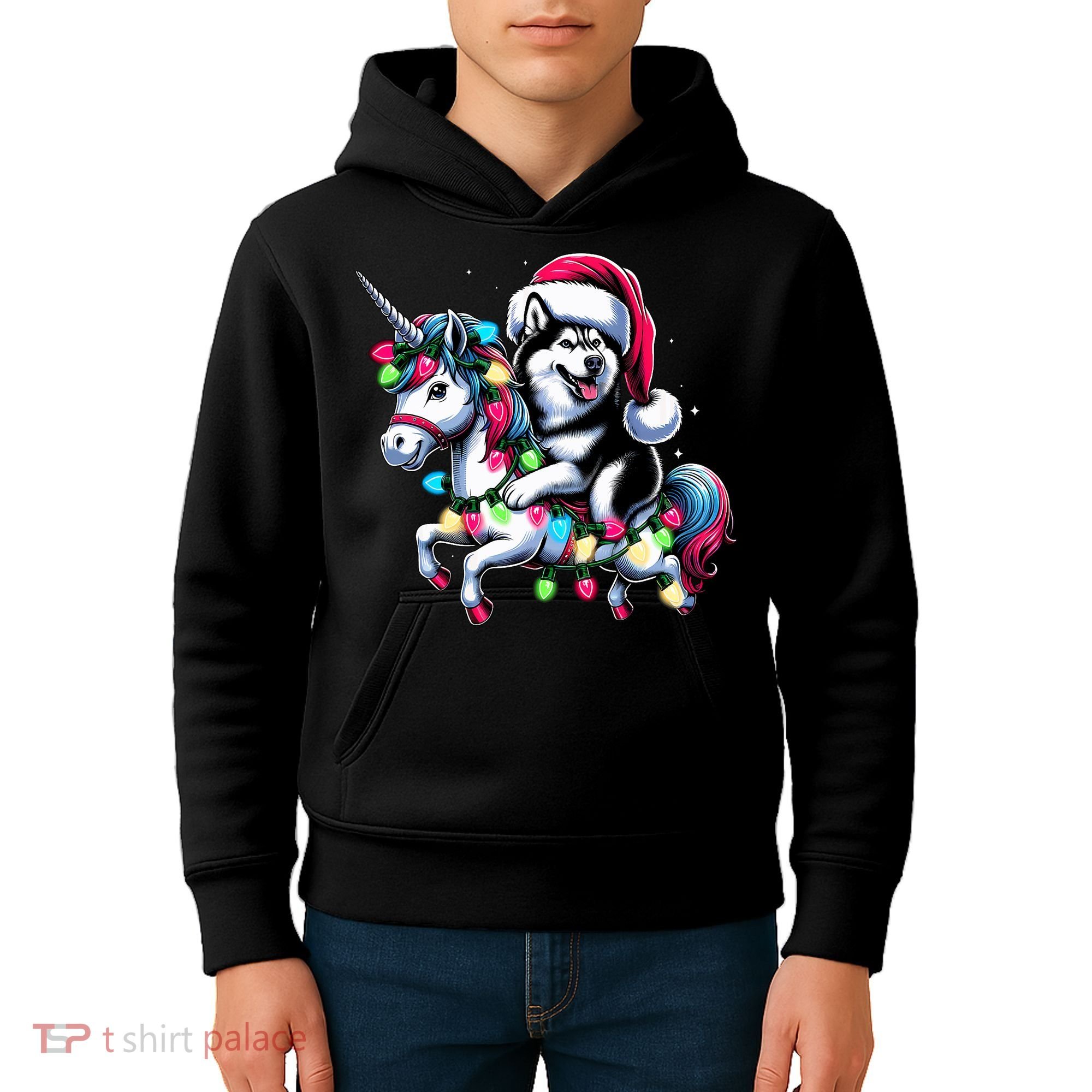 Christmas Lights Siberian Husky Dog Riding Unicorn Kids Hoodie