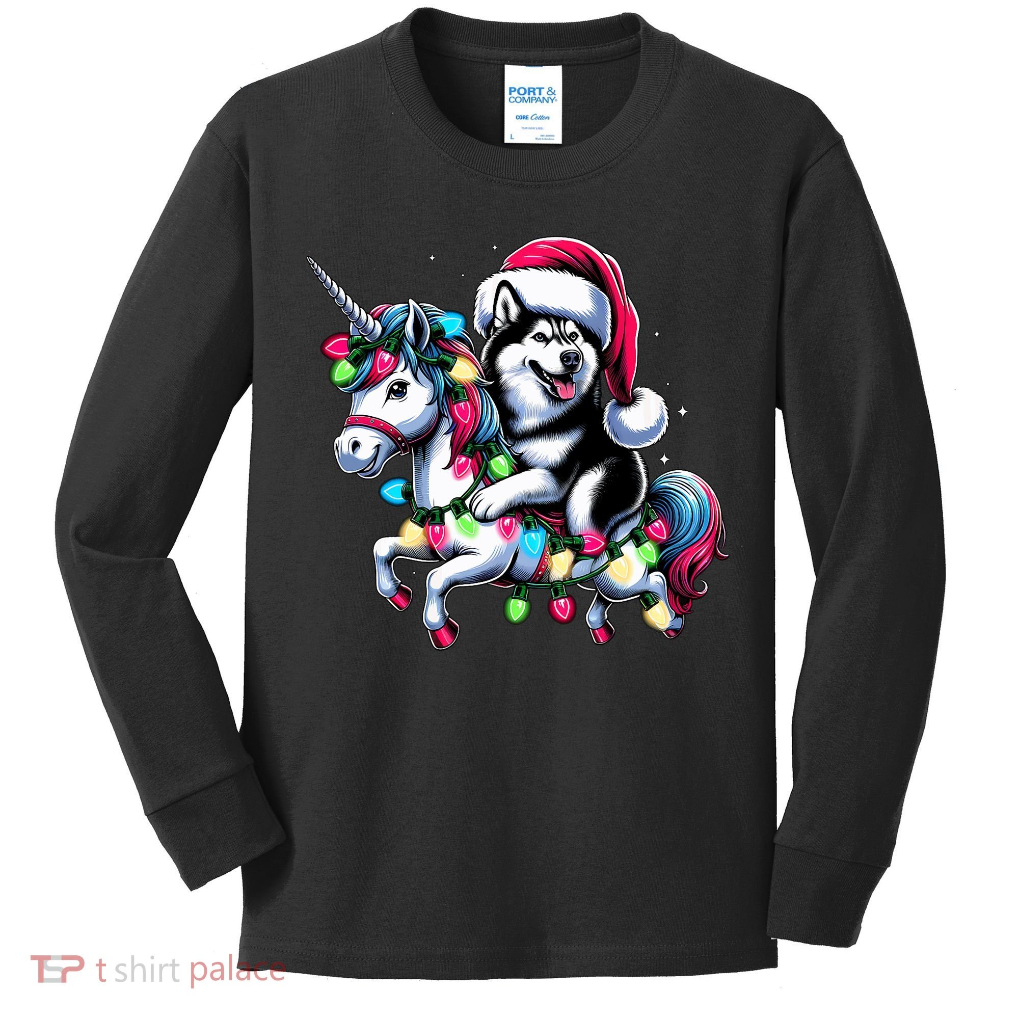 Christmas Lights Siberian Husky Dog Riding Unicorn Kids Long Sleeve Shirt