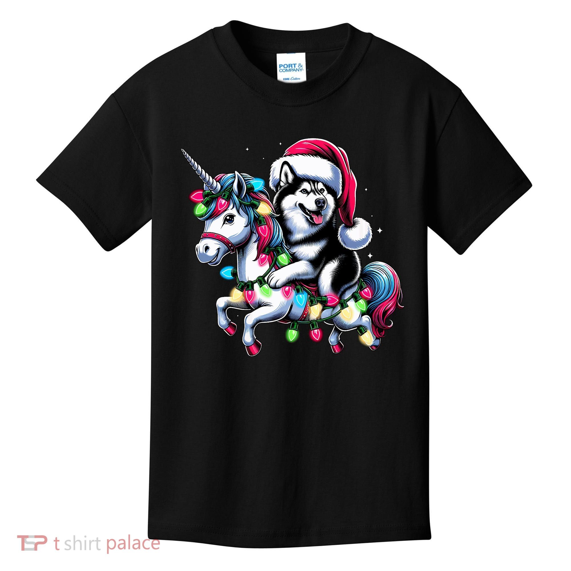 Christmas Lights Siberian Husky Dog Riding Unicorn Kids T-Shirt