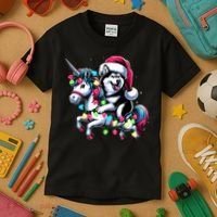 Christmas Lights Siberian Husky Dog Riding Unicorn Kids T-Shirt thumb 3