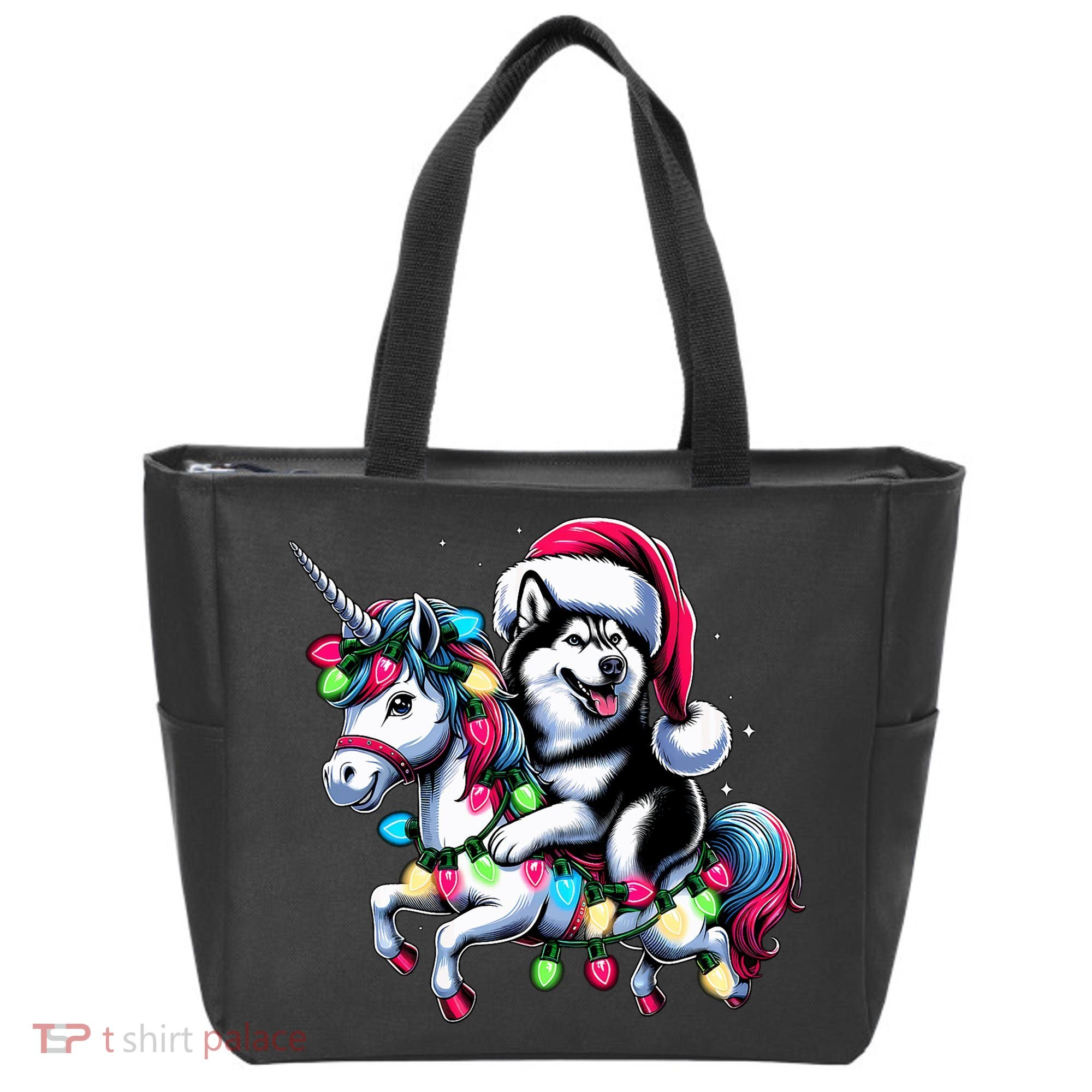 Christmas Lights Siberian Husky Dog Riding Unicorn Tote Bag
