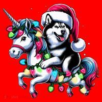 Christmas Lights Siberian Husky Dog Riding Unicorn Santa Hat thumb 1