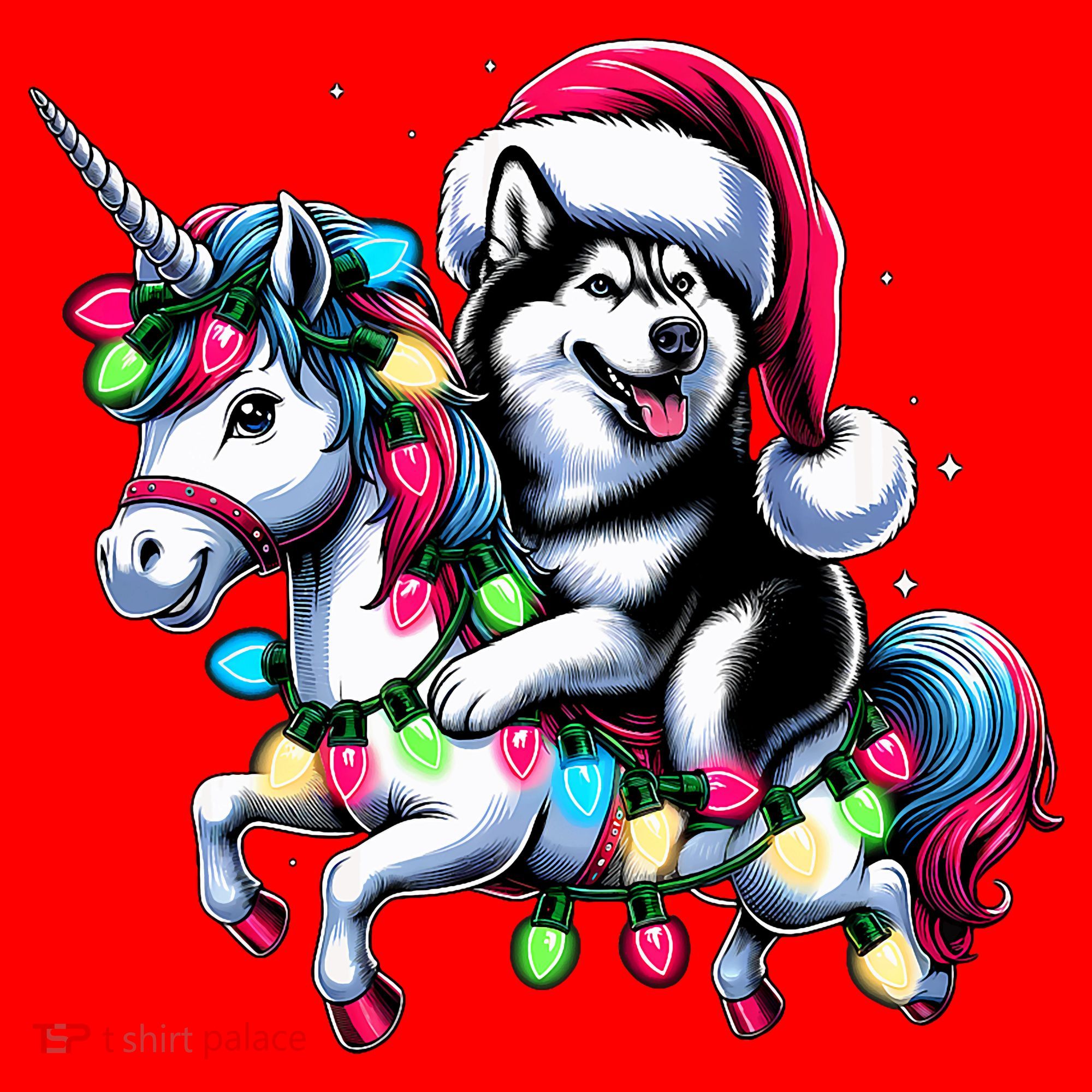 Christmas Lights Siberian Husky Dog Riding Unicorn Santa Hat
