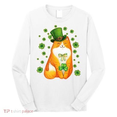Cute Lucky St PatrickS Day Orange Tabby Cat Long Sleeve Shirt