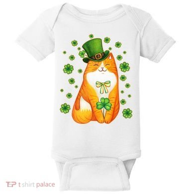 Cute Lucky St PatrickS Day Orange Tabby Cat Baby Bodysuit