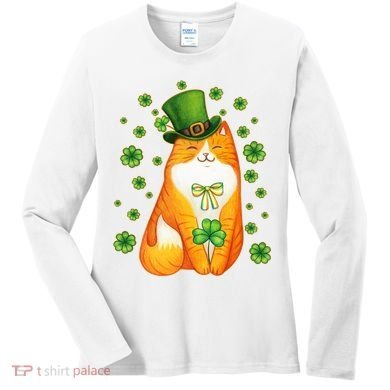 Cute Lucky St PatrickS Day Orange Tabby Cat Women's Long Sleeve Shirt