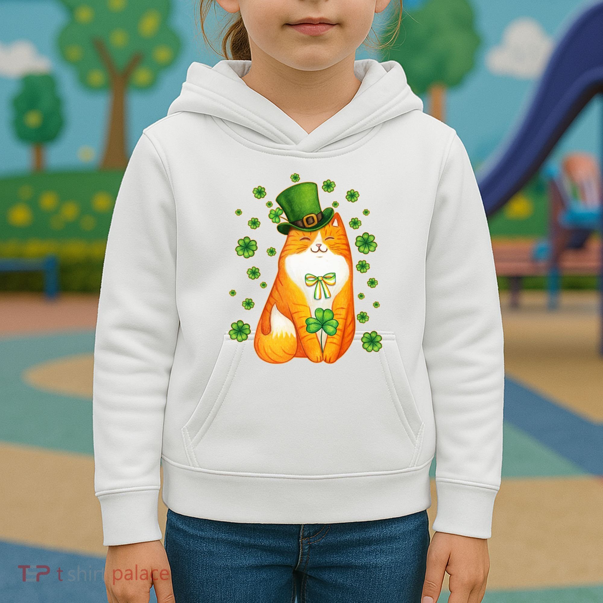 Cute Lucky St PatrickS Day Orange Tabby Cat Kids Hoodie