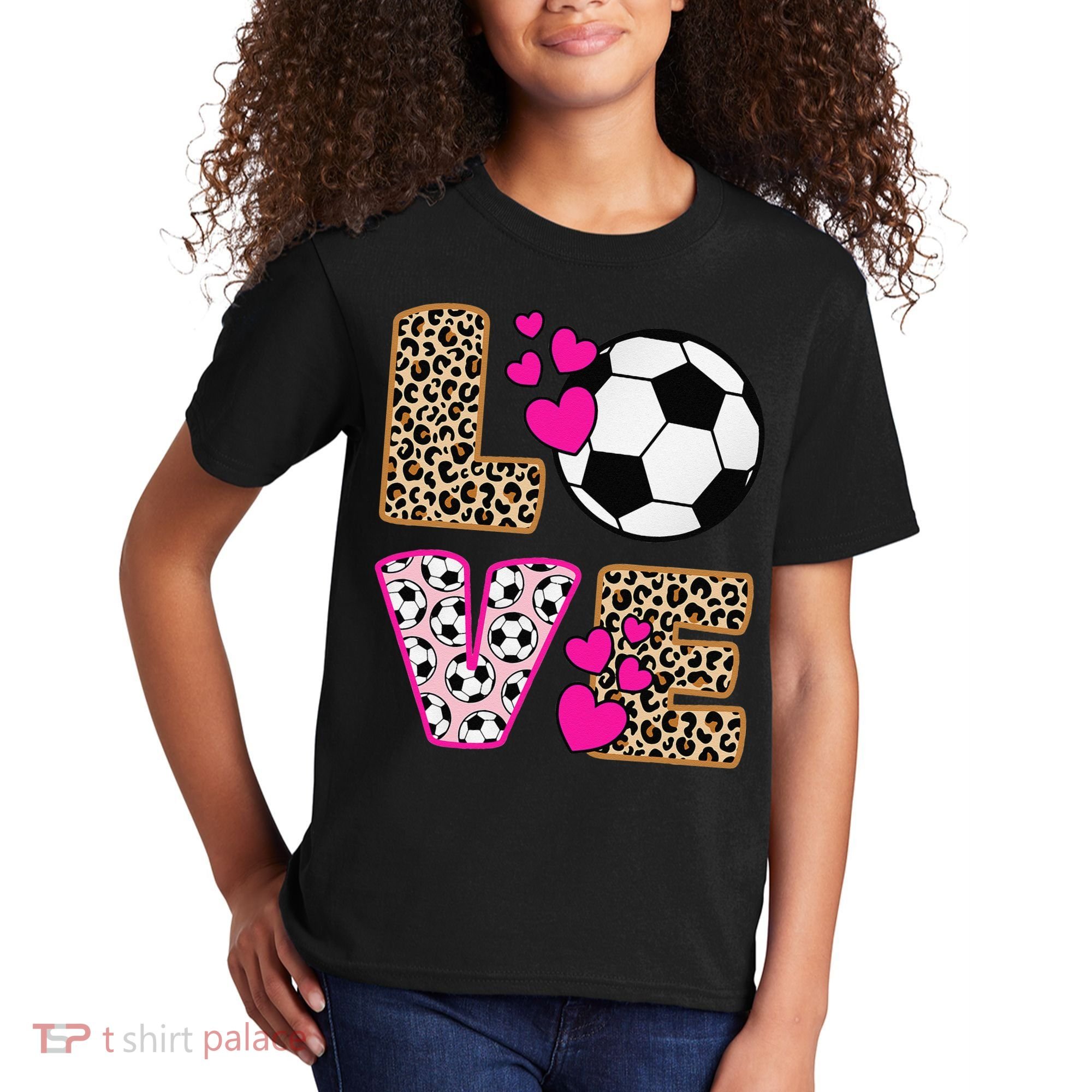 Cute Love Soccer Leopard Print  Girls Soccer Kids T-Shirt