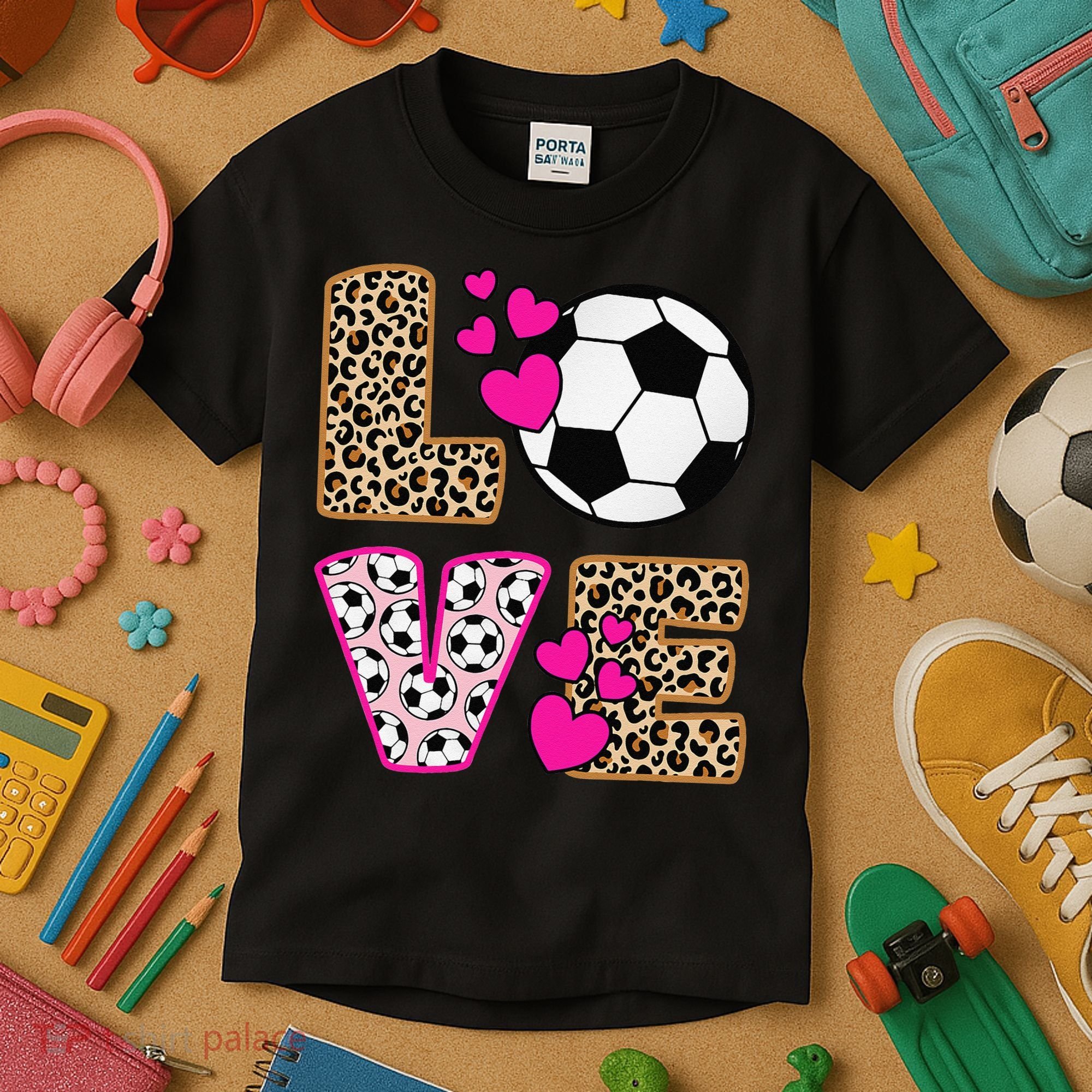 Cute Love Soccer Leopard Print  Girls Soccer Kids T-Shirt