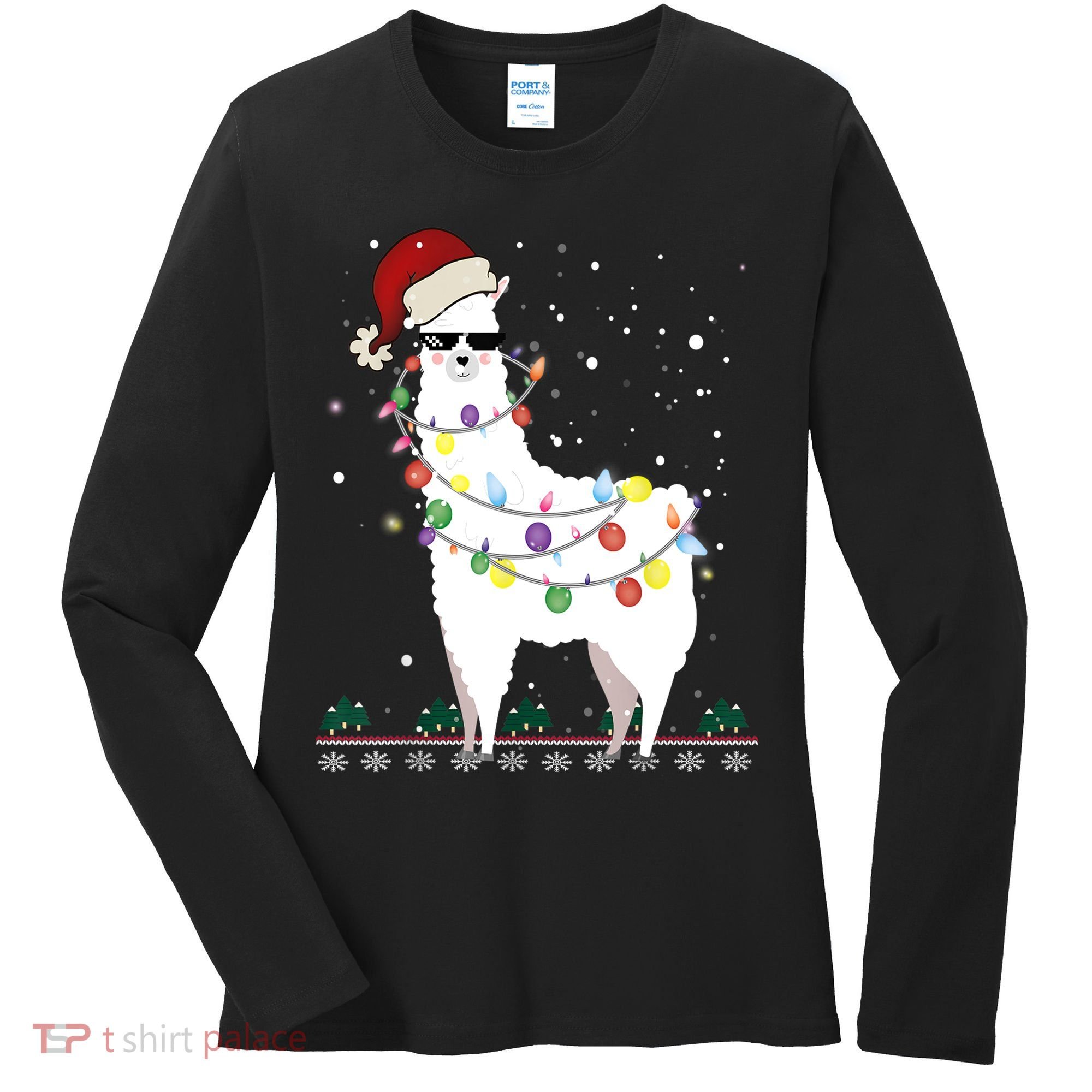 Christmas Llama Santa Hat Ugly Xmas Tree Alpaca Gift T Women's Long Sleeve Shirt