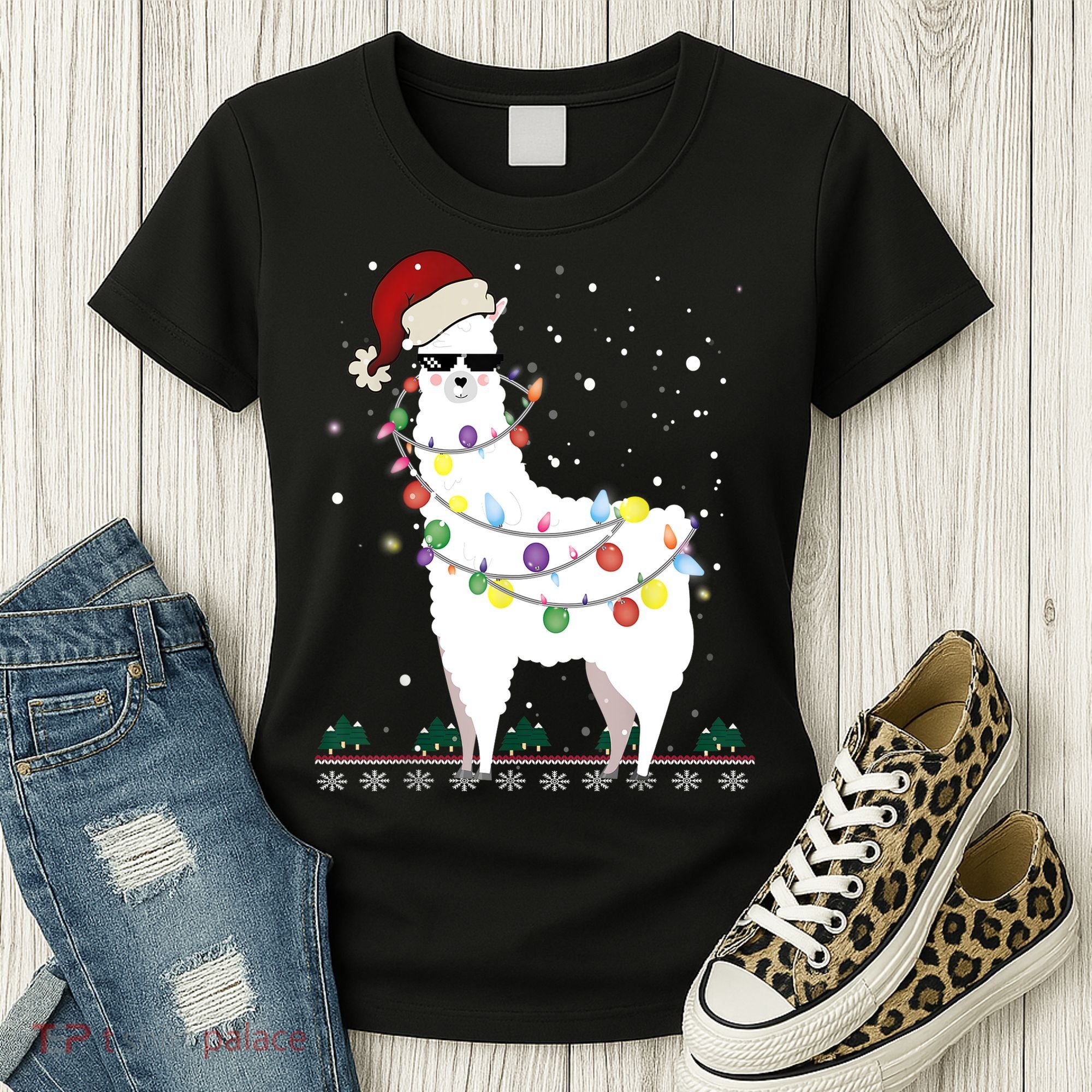 Christmas Llama Santa Hat Ugly Xmas Tree Alpaca Gift T Women's T-Shirt
