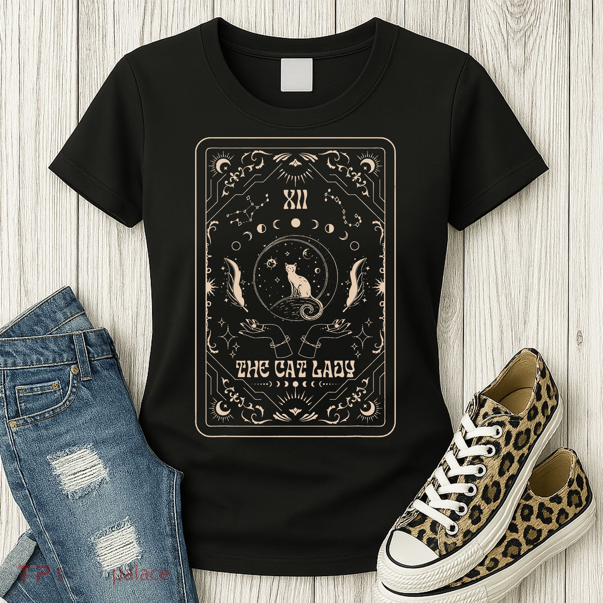 Cat Lady Tarot Card Mystical Witchy Moon Phase Pet Cat Women's T-Shirt