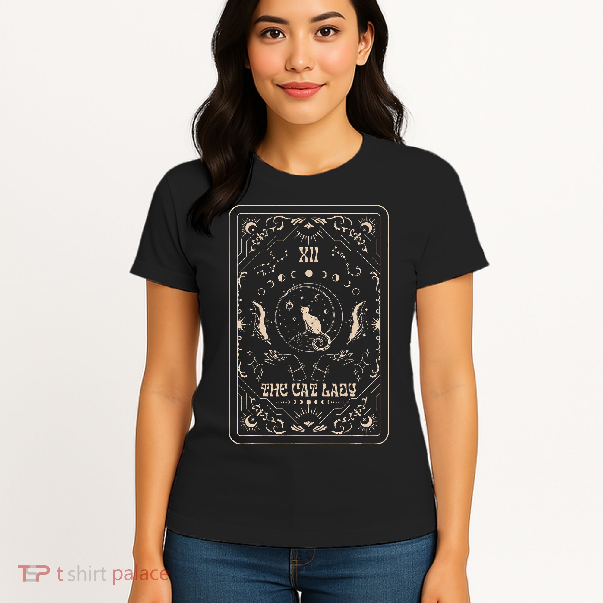 Cat Lady Tarot Card Mystical Witchy Moon Phase Pet Cat Women's T-Shirt