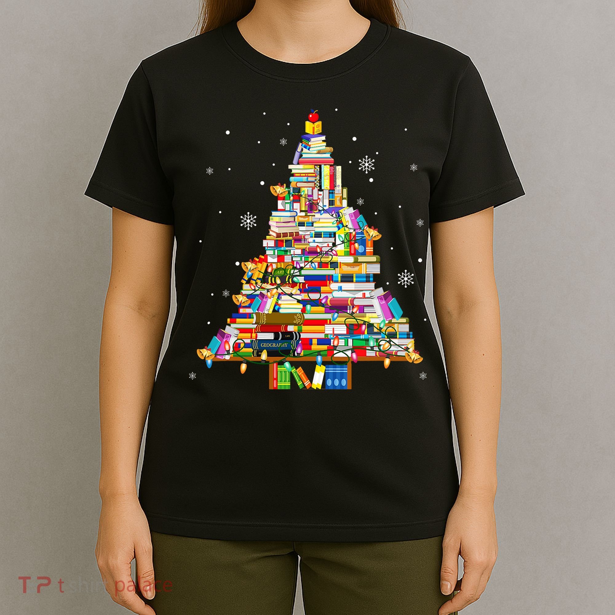 Christmas Library Tree Lights For Librarian And Book Lover T-Shirt