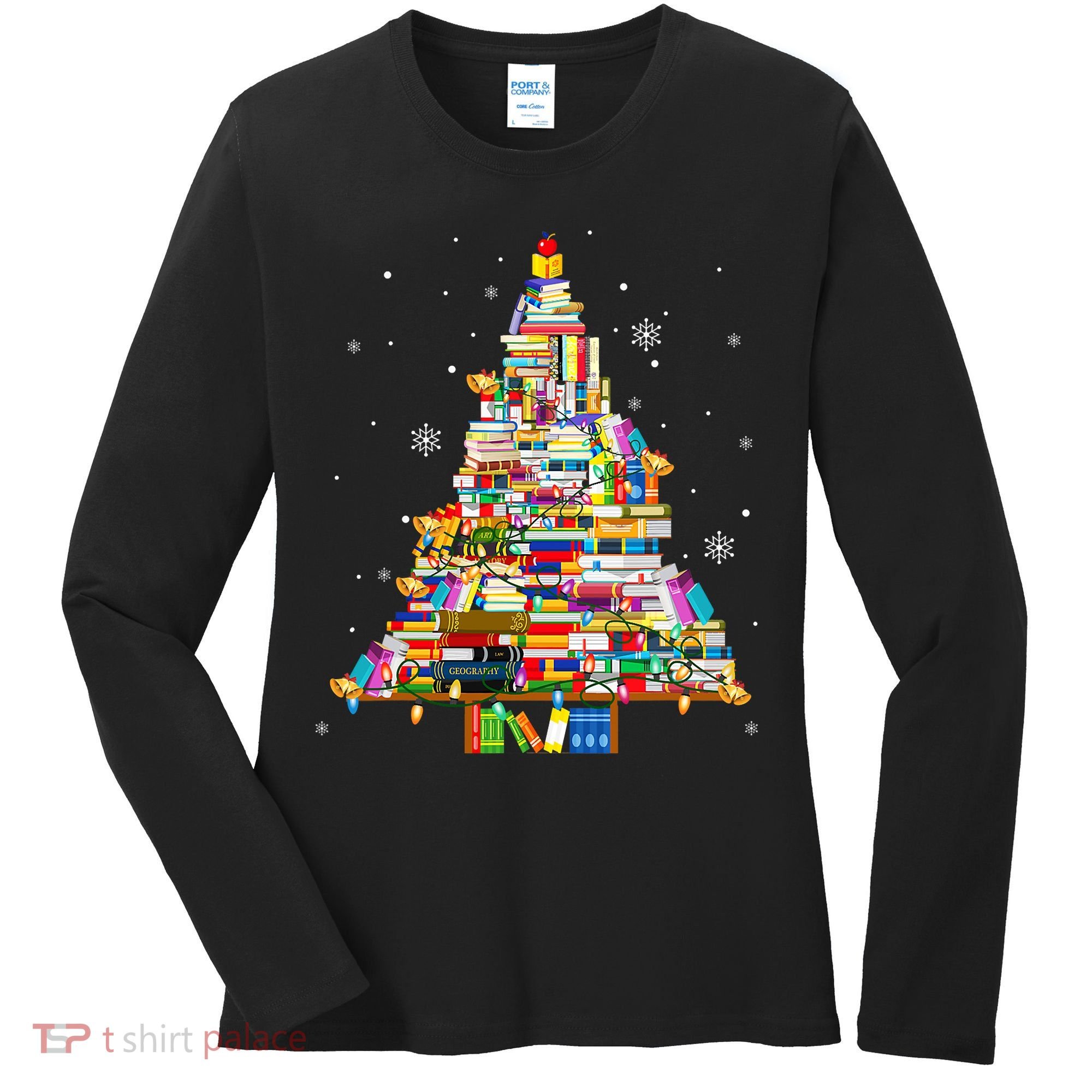 Christmas Library Tree Lights For Librarian And Book Lover Women's Long Sleeve Shirt