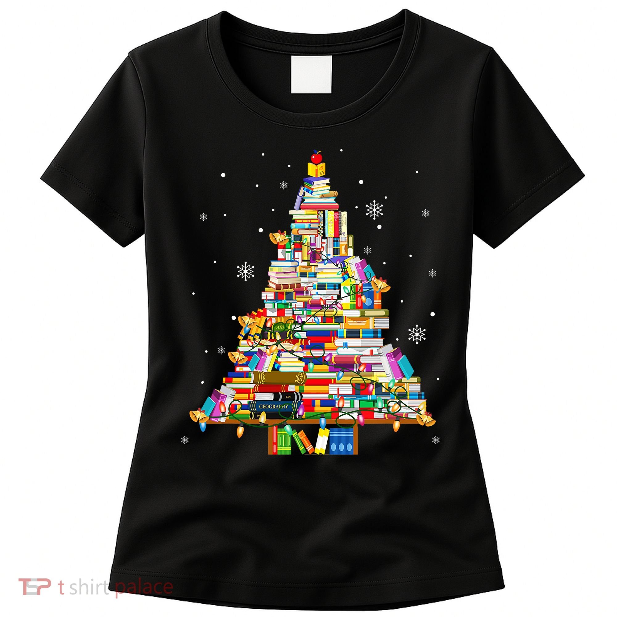 Christmas Library Tree Lights For Librarian And Book Lover Women's T-Shirt